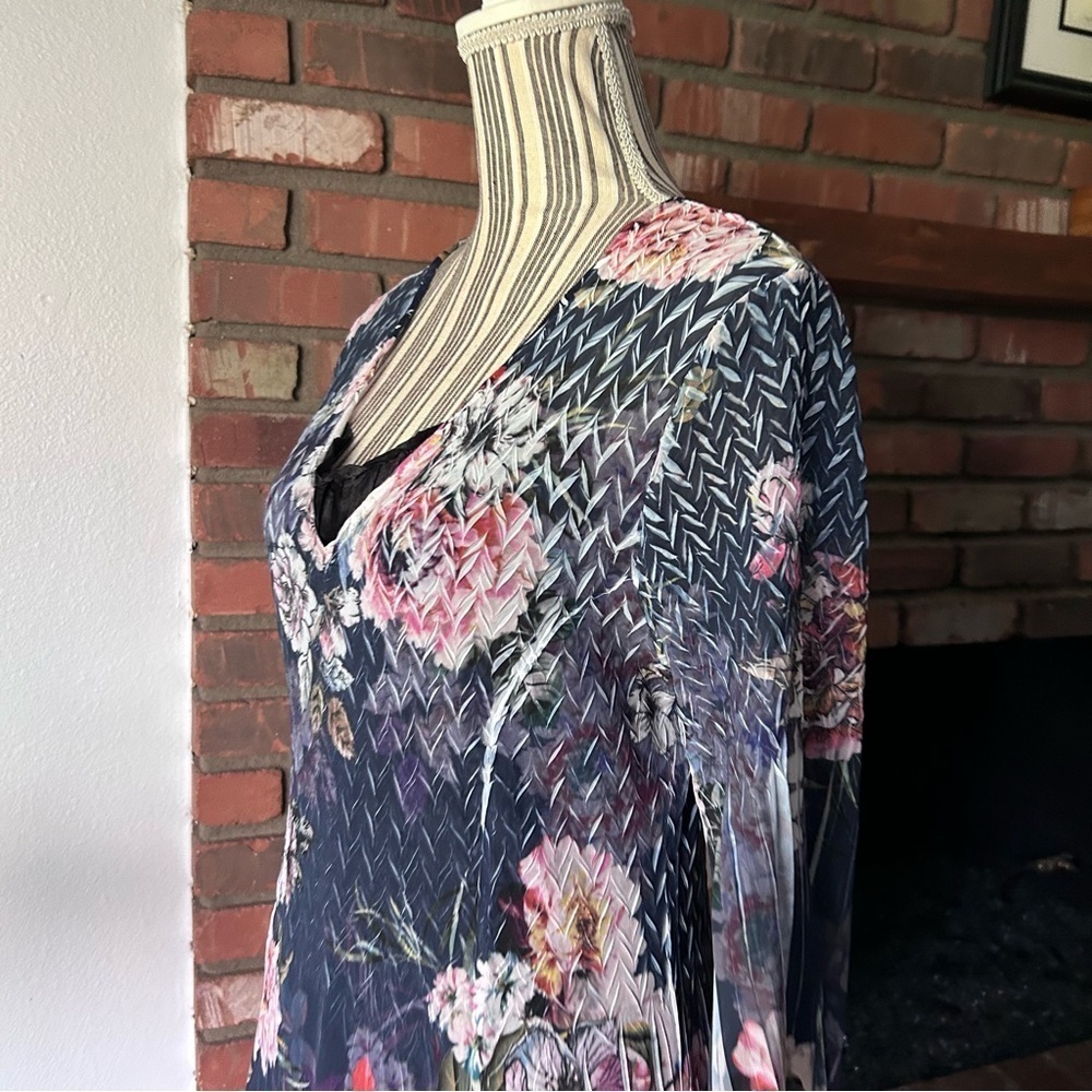 Komarov Lace Sleeve Charmeuse Floral Midi Dress in Coral Glow Sz M - Picture 5 of 8